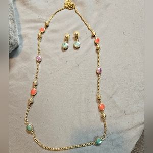 Handmade Long Necklace And Earring Set Gold Pink Purple And Teal